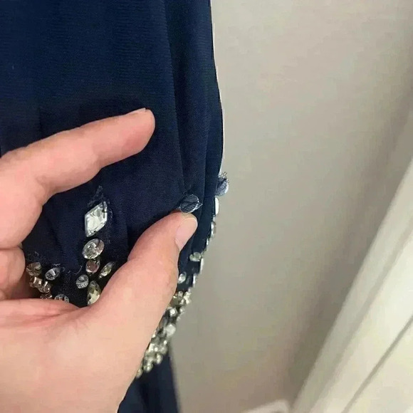 Mac Duggal Maxi Long Gown 4 Navy Beaded Off Shoulder Faux Wrap Wedding Gala - Picture 11 of 16